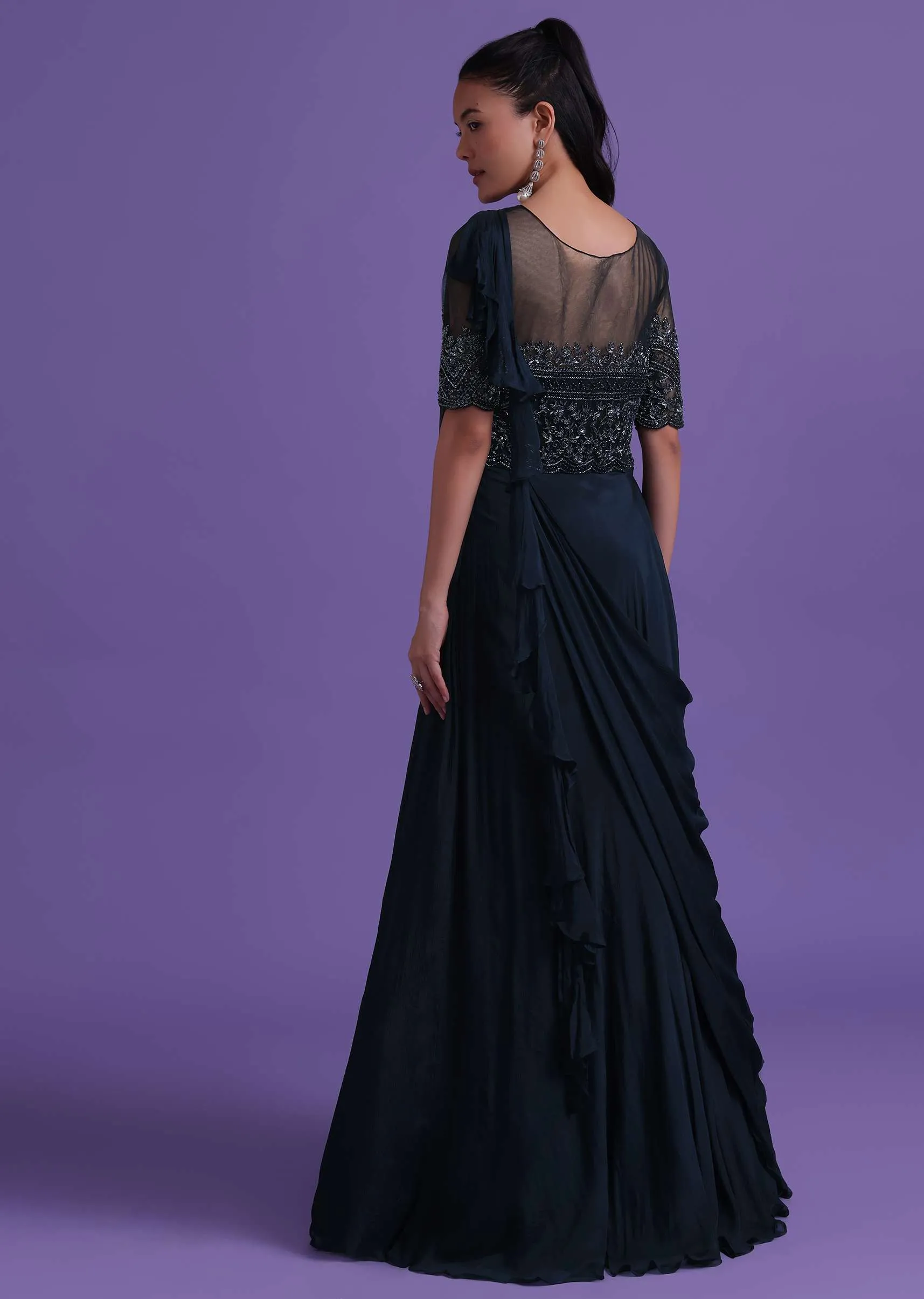 Navy Blue Dana Embroidered Gown With Attached Drape In Chinon