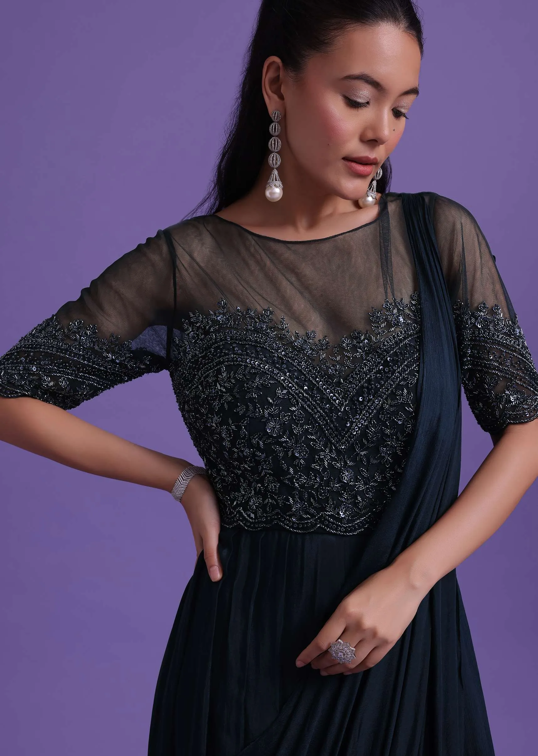 Navy Blue Dana Embroidered Gown With Attached Drape In Chinon