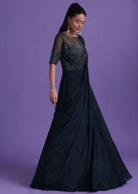 Navy Blue Dana Embroidered Gown With Attached Drape In Chinon