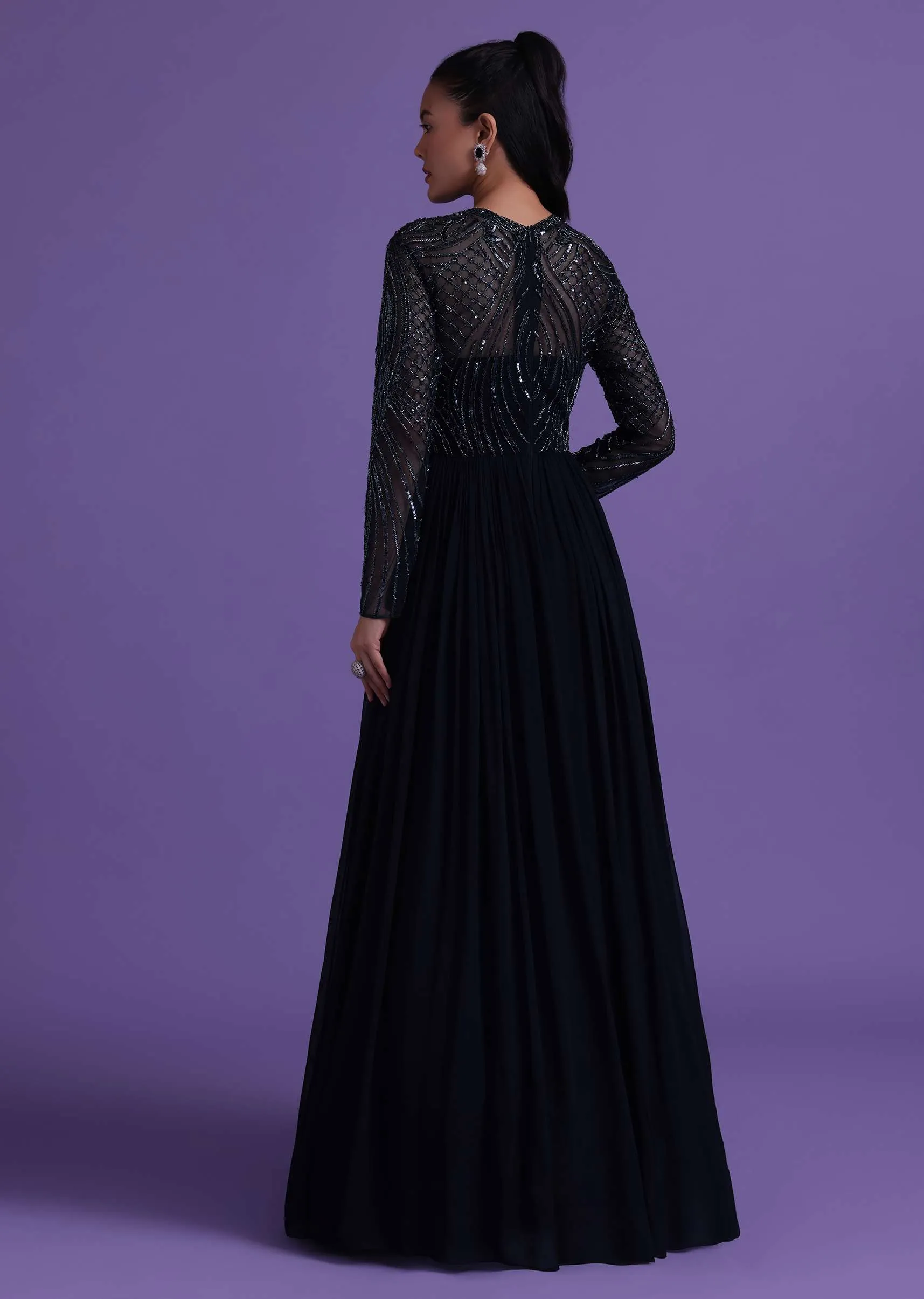 Navy Blue Gown In Georgette With Cut Dana Embroidery