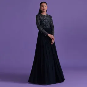 Navy Blue Gown In Georgette With Cut Dana Embroidery