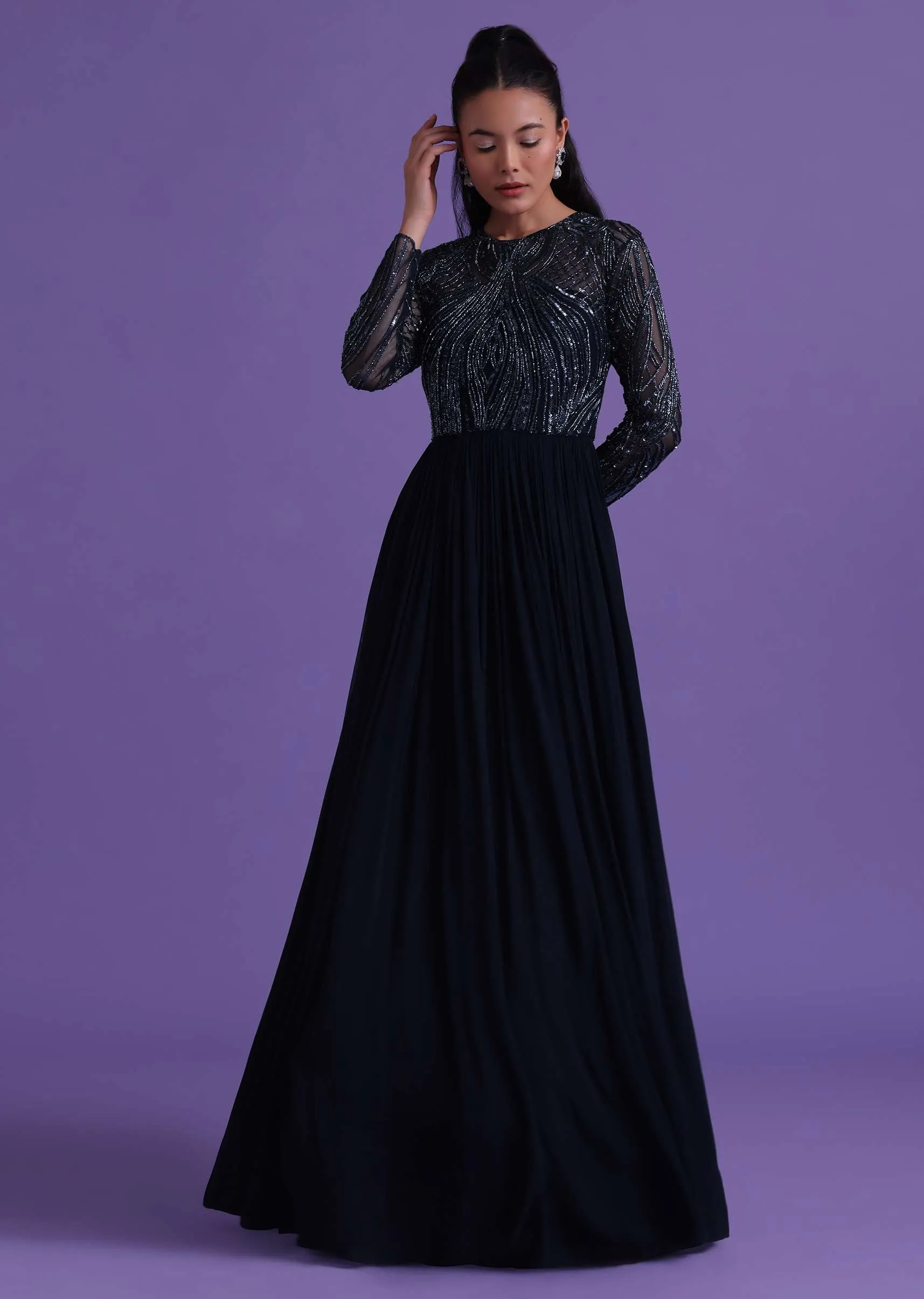 Navy Blue Gown In Georgette With Cut Dana Embroidery