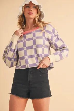 Purple Plaid Drop Shoulder Cropped Sweater – Trendy Casual Knitwear