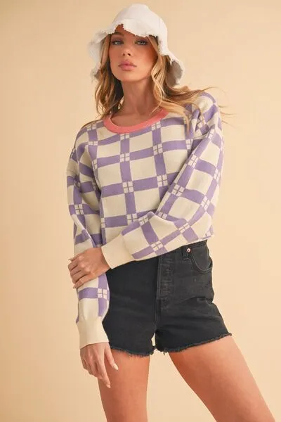 Purple Plaid Drop Shoulder Cropped Sweater – Trendy Casual Knitwear
