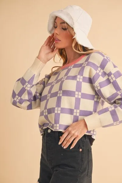 Purple Plaid Drop Shoulder Cropped Sweater – Trendy Casual Knitwear