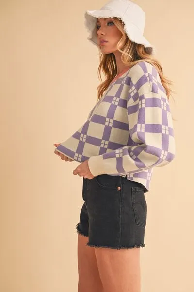 Purple Plaid Drop Shoulder Cropped Sweater – Trendy Casual Knitwear
