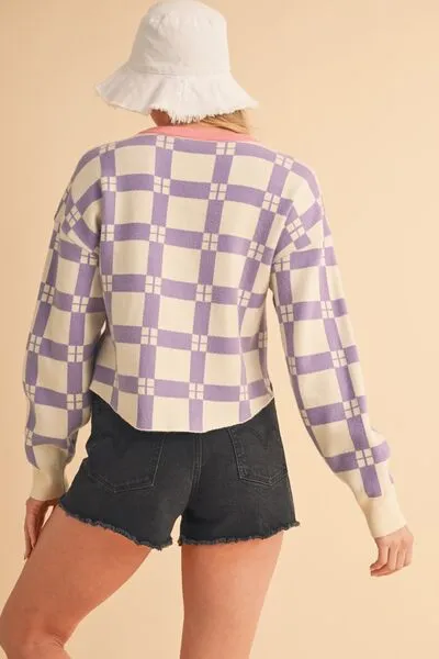 Purple Plaid Drop Shoulder Cropped Sweater – Trendy Casual Knitwear