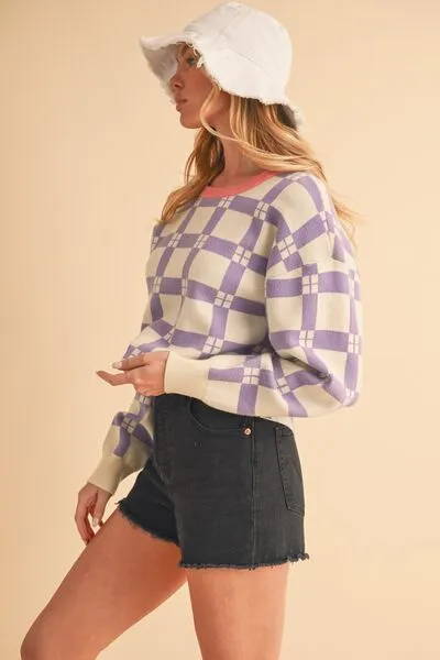 Purple Plaid Drop Shoulder Cropped Sweater – Trendy Casual Knitwear