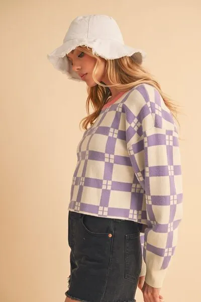 Purple Plaid Drop Shoulder Cropped Sweater – Trendy Casual Knitwear
