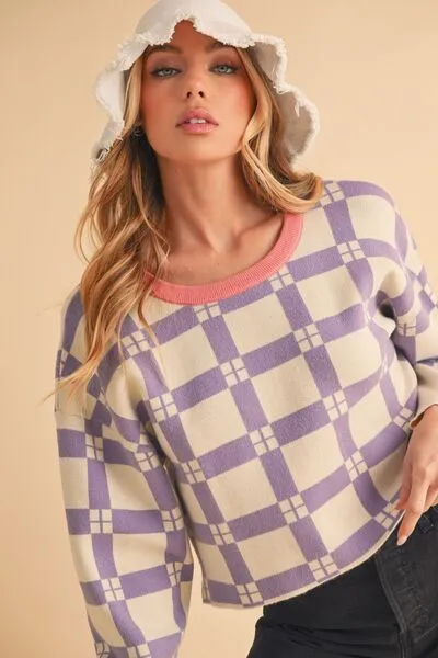 Purple Plaid Drop Shoulder Cropped Sweater – Trendy Casual Knitwear