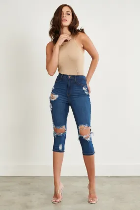 Ripped Denim Capri Pants