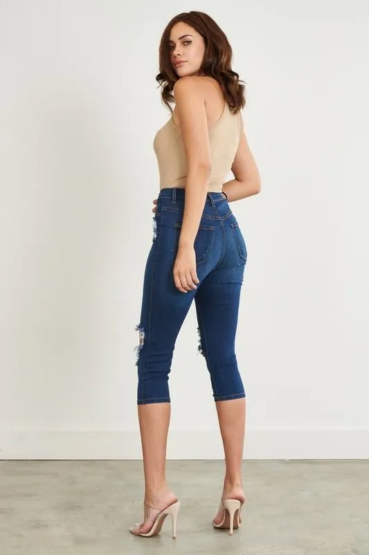 Ripped Denim Capri Pants