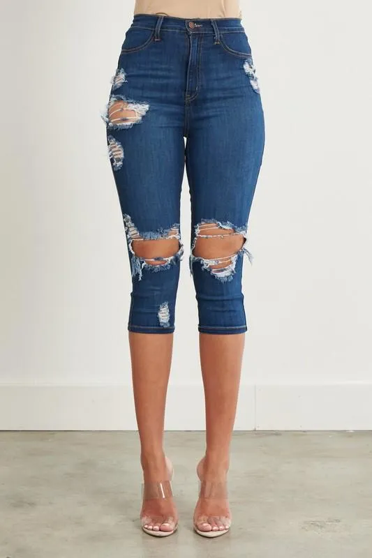 Ripped Denim Capri Pants
