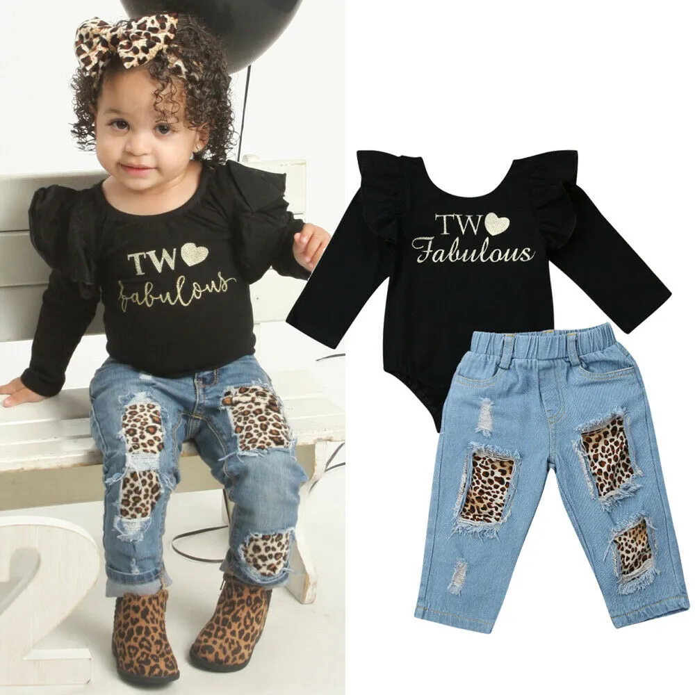 Toddler 2PCS Kids /Baby Toddler Kids Clothes Girls Ruffle Black Tops Ruffle Romper Denim Leopard Pants Girls Clothes Outfits