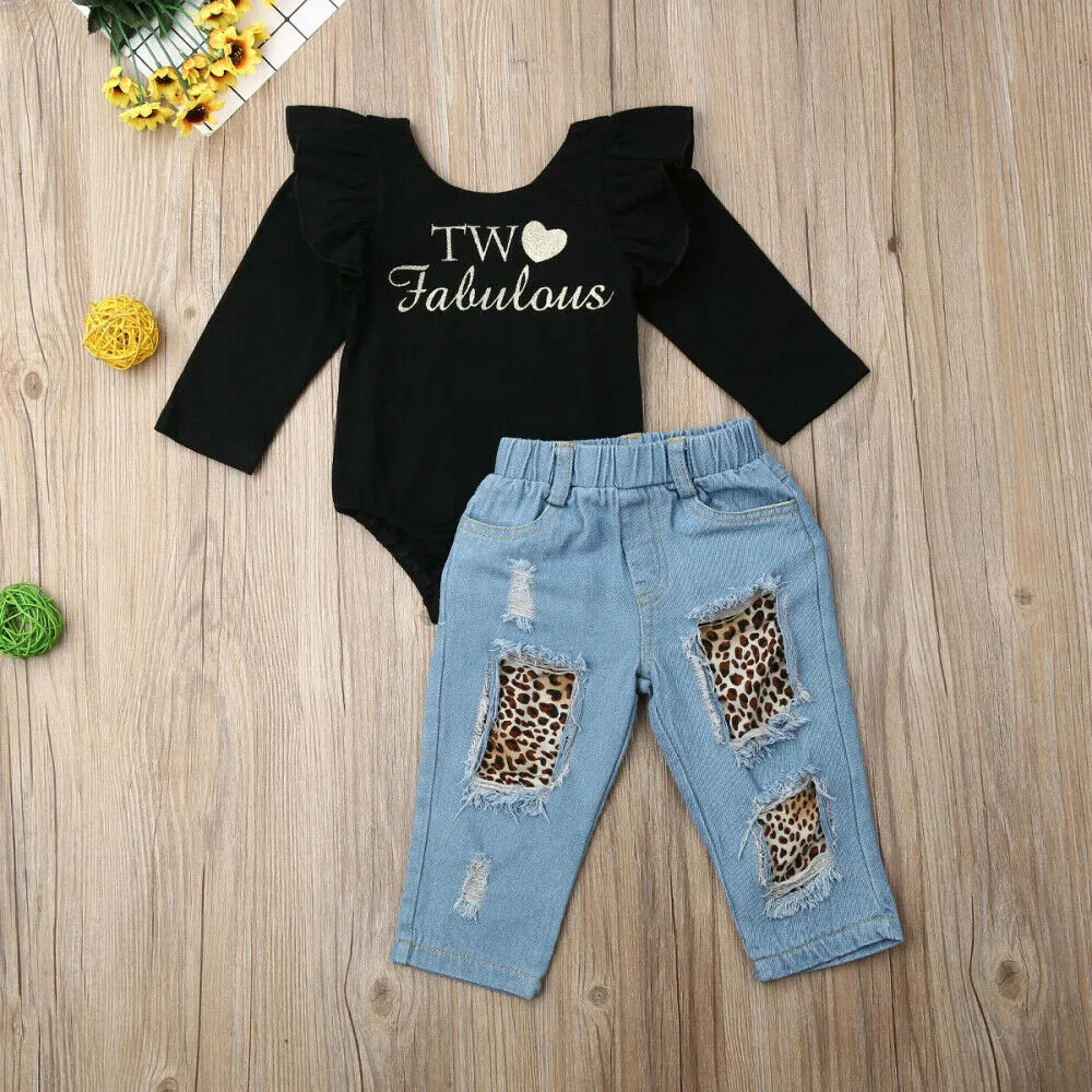 Toddler 2PCS Kids /Baby Toddler Kids Clothes Girls Ruffle Black Tops Ruffle Romper Denim Leopard Pants Girls Clothes Outfits