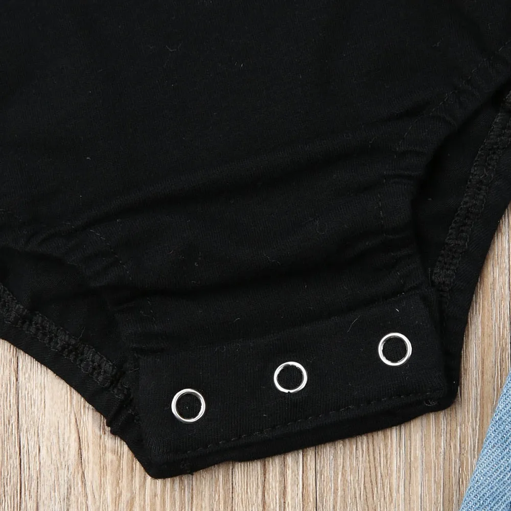 Toddler 2PCS Kids /Baby Toddler Kids Clothes Girls Ruffle Black Tops Ruffle Romper Denim Leopard Pants Girls Clothes Outfits