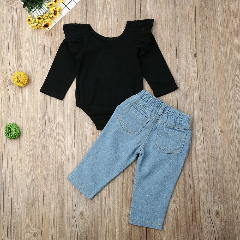Toddler 2PCS Kids /Baby Toddler Kids Clothes Girls Ruffle Black Tops Ruffle Romper Denim Leopard Pants Girls Clothes Outfits