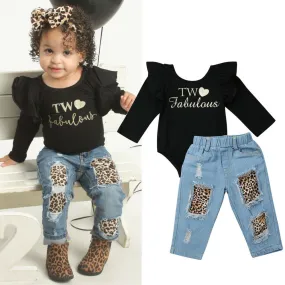 Toddler 2PCS Kids /Baby Toddler Kids Clothes Girls Ruffle Black Tops Ruffle Romper Denim Leopard Pants Girls Clothes Outfits