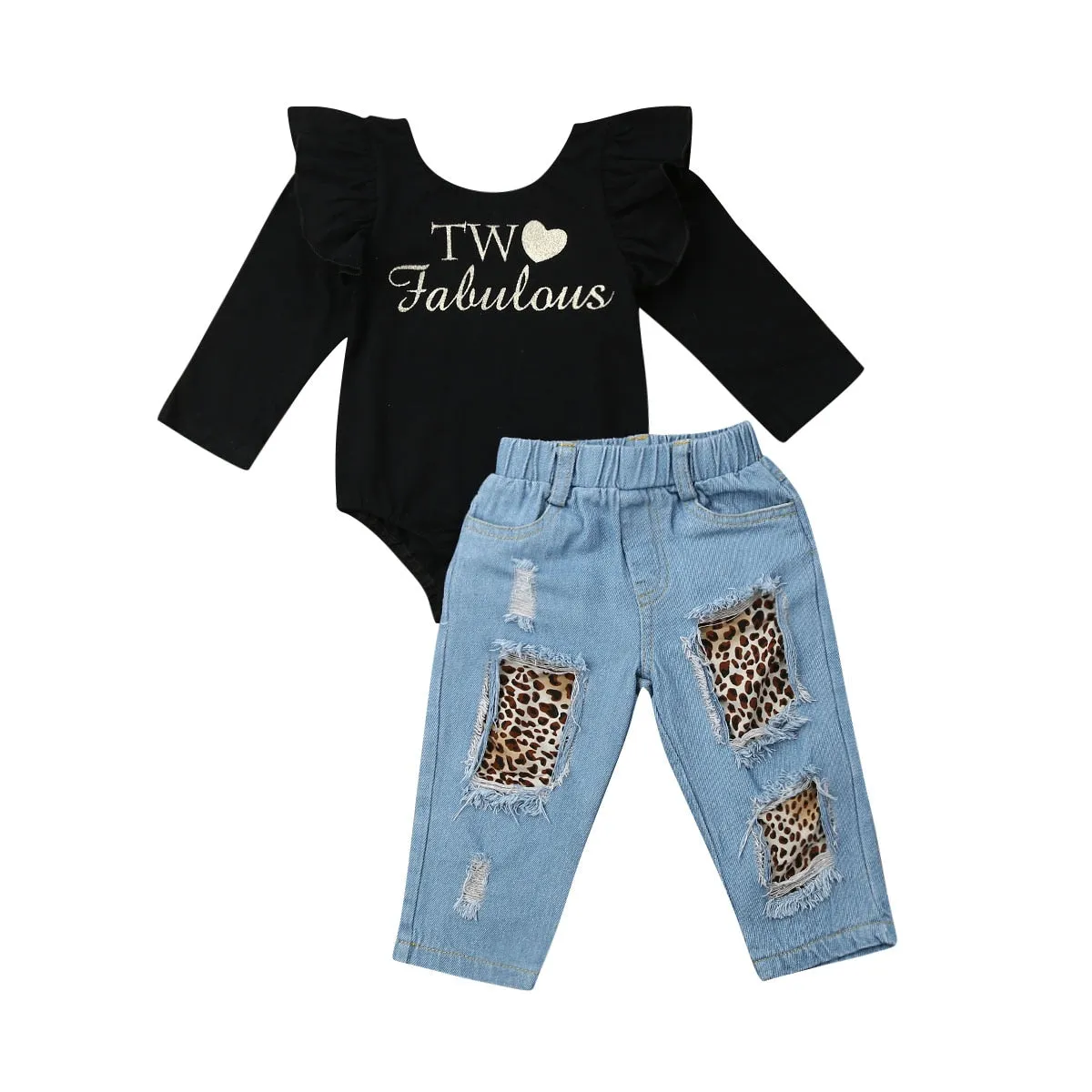 Toddler 2PCS Kids /Baby Toddler Kids Clothes Girls Ruffle Black Tops Ruffle Romper Denim Leopard Pants Girls Clothes Outfits
