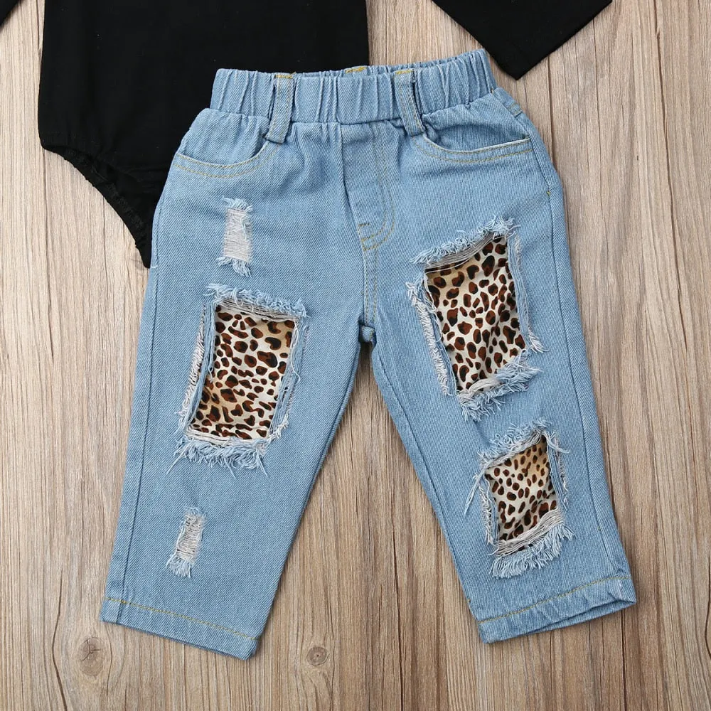 Toddler 2PCS Kids /Baby Toddler Kids Clothes Girls Ruffle Black Tops Ruffle Romper Denim Leopard Pants Girls Clothes Outfits