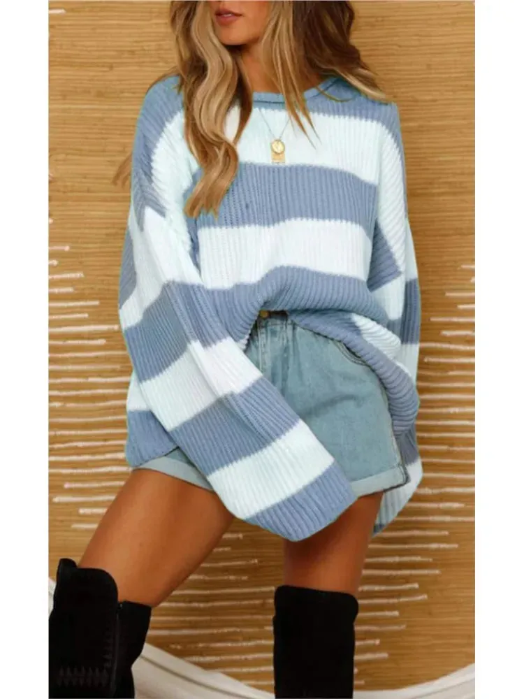 Yesenia Neck Long Sleeve Striped Sweater