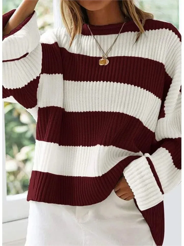 Yesenia Neck Long Sleeve Striped Sweater