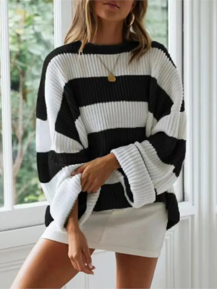 Yesenia Neck Long Sleeve Striped Sweater