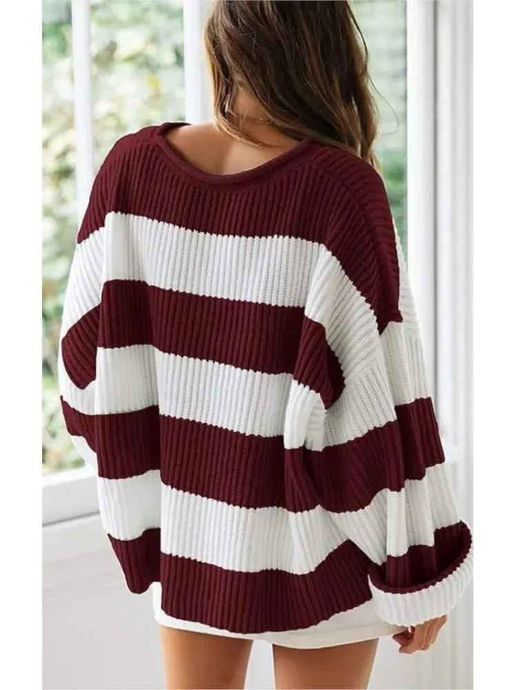 Yesenia Neck Long Sleeve Striped Sweater