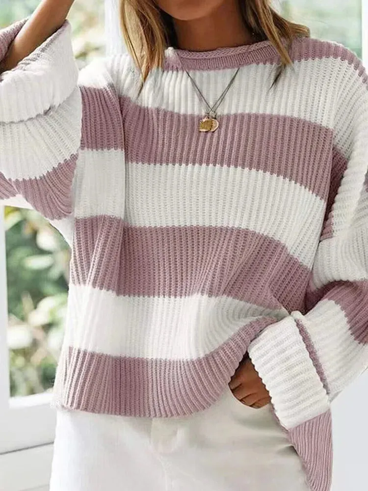 Yesenia Neck Long Sleeve Striped Sweater